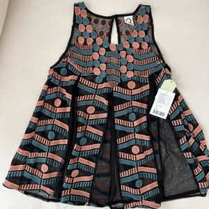Anthropology mesh embroidered pleated tank